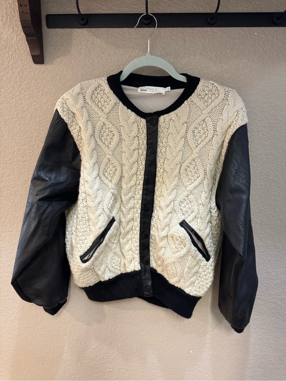 Astr Cream Cable Knit Cardigan with Black Leather Sleeves